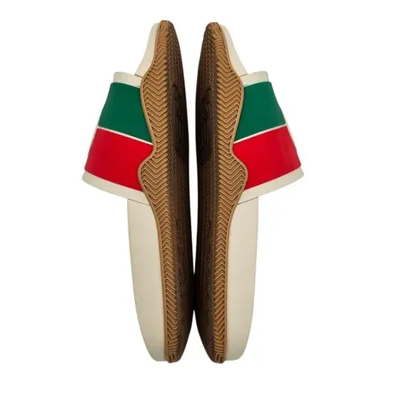 Gucci GG Slide Flat Pool Sandal White Red Green Web Stripe Rubber Size 40 US 10 - Picture 7 of 11